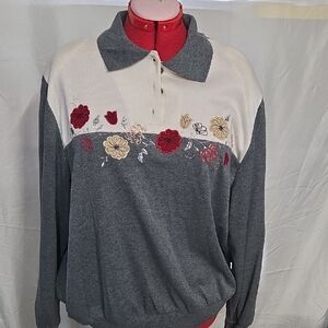 Alfred Dunner Gray and Cream Floral Sweater 3X